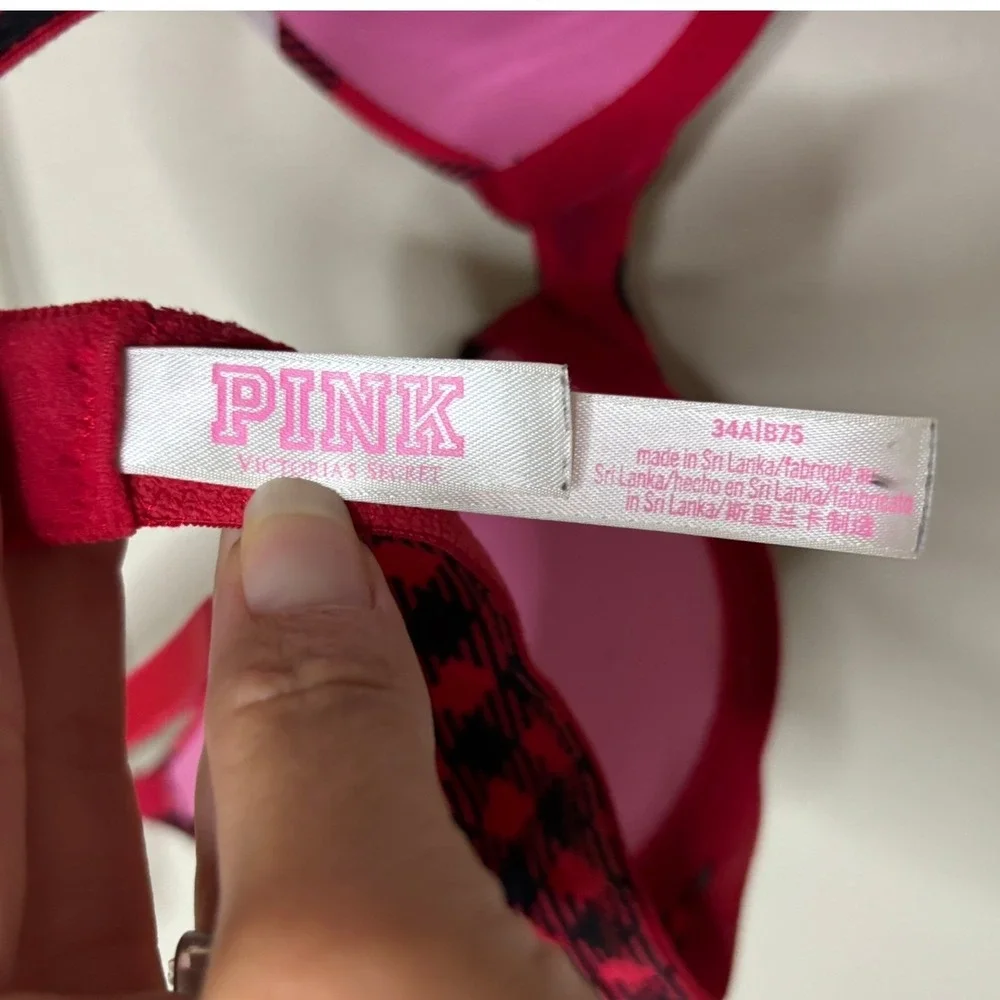 Victoria's Secret PINK Wear Everywhere T-Shirt Bra Red Black Plaid 34A